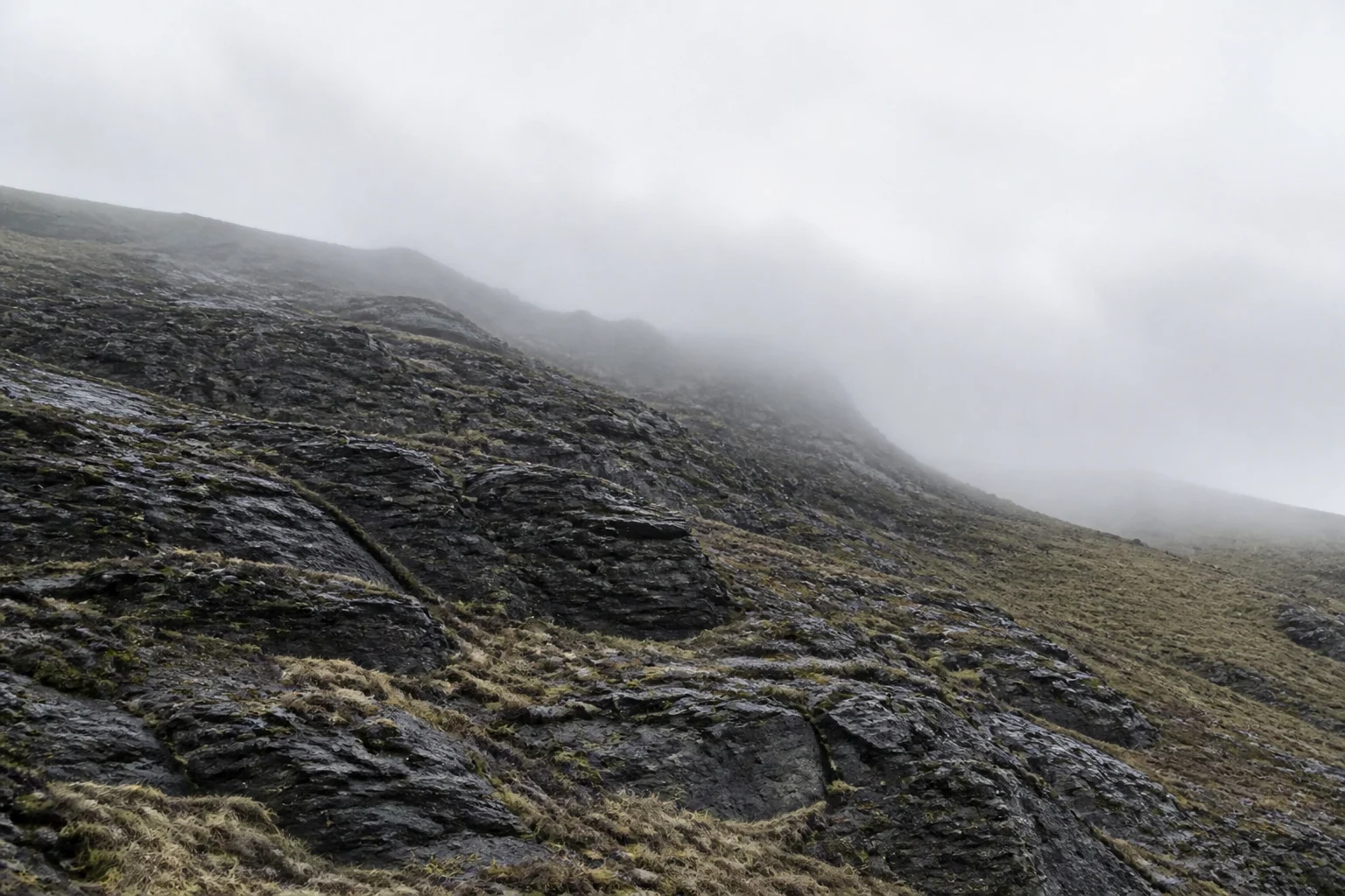 Rain-darkened layered rock and sparse grass climb into thick pale cloud.