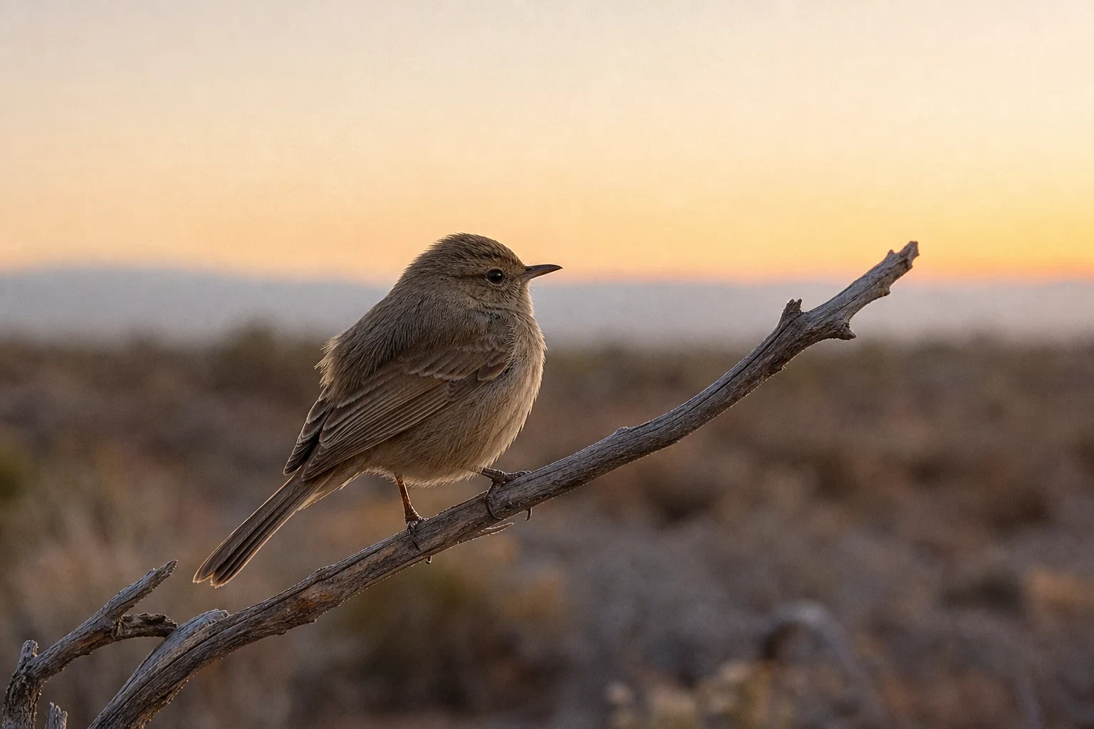 A small brown bird with raised feathers perches sideways on a weathered branch at dawn.
