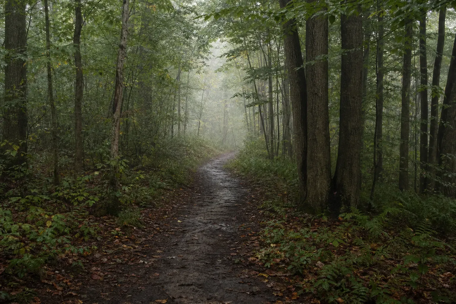 A dark wet path passes between dense green trees and disappears into light mist.