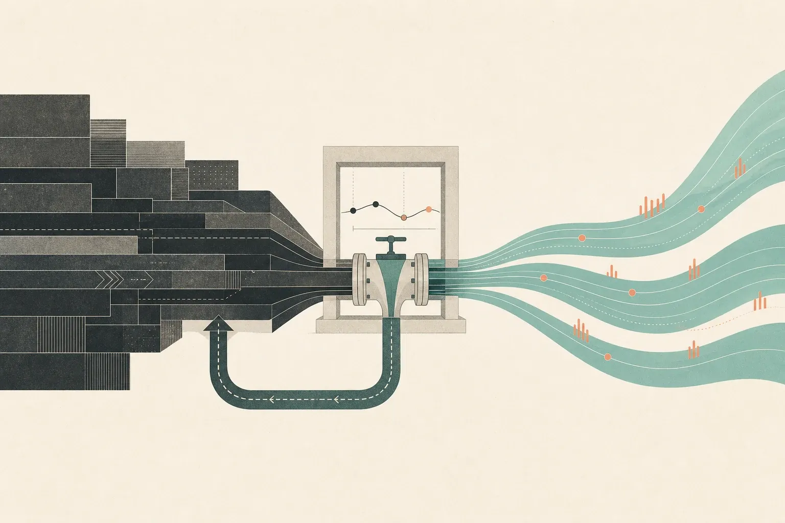 A layered dark data path and flowing teal paths meet at a monitored valve, with a loop returning traffic to the established route.