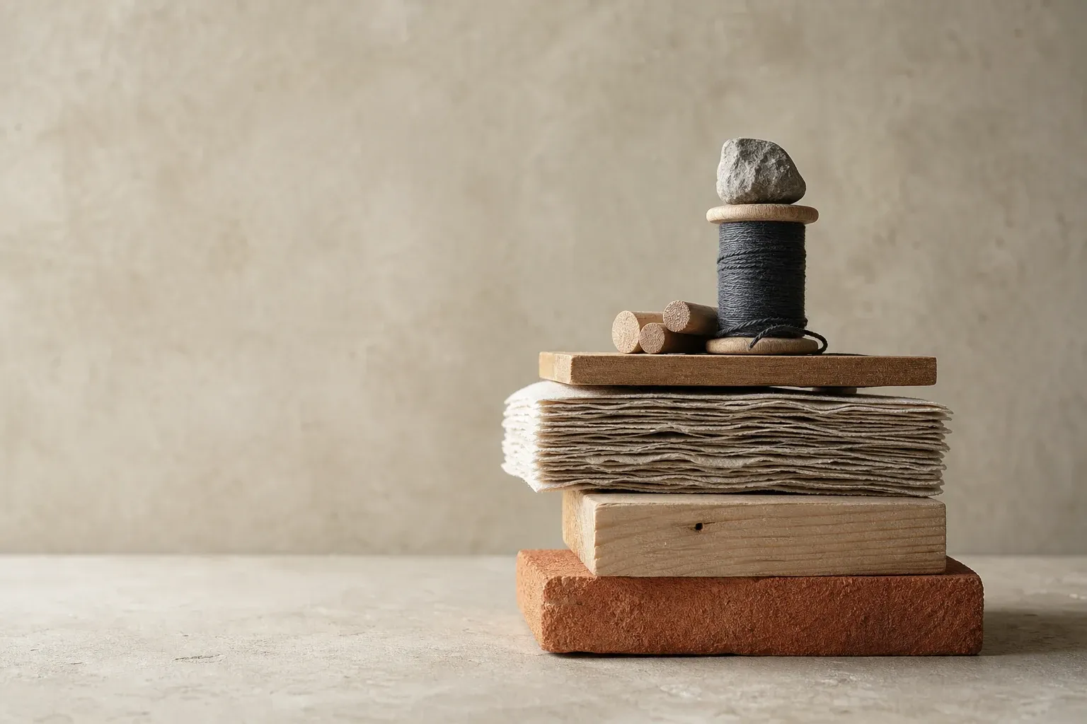 Paper, wood, thread, and stone are stacked into a stable structure from simple materials.