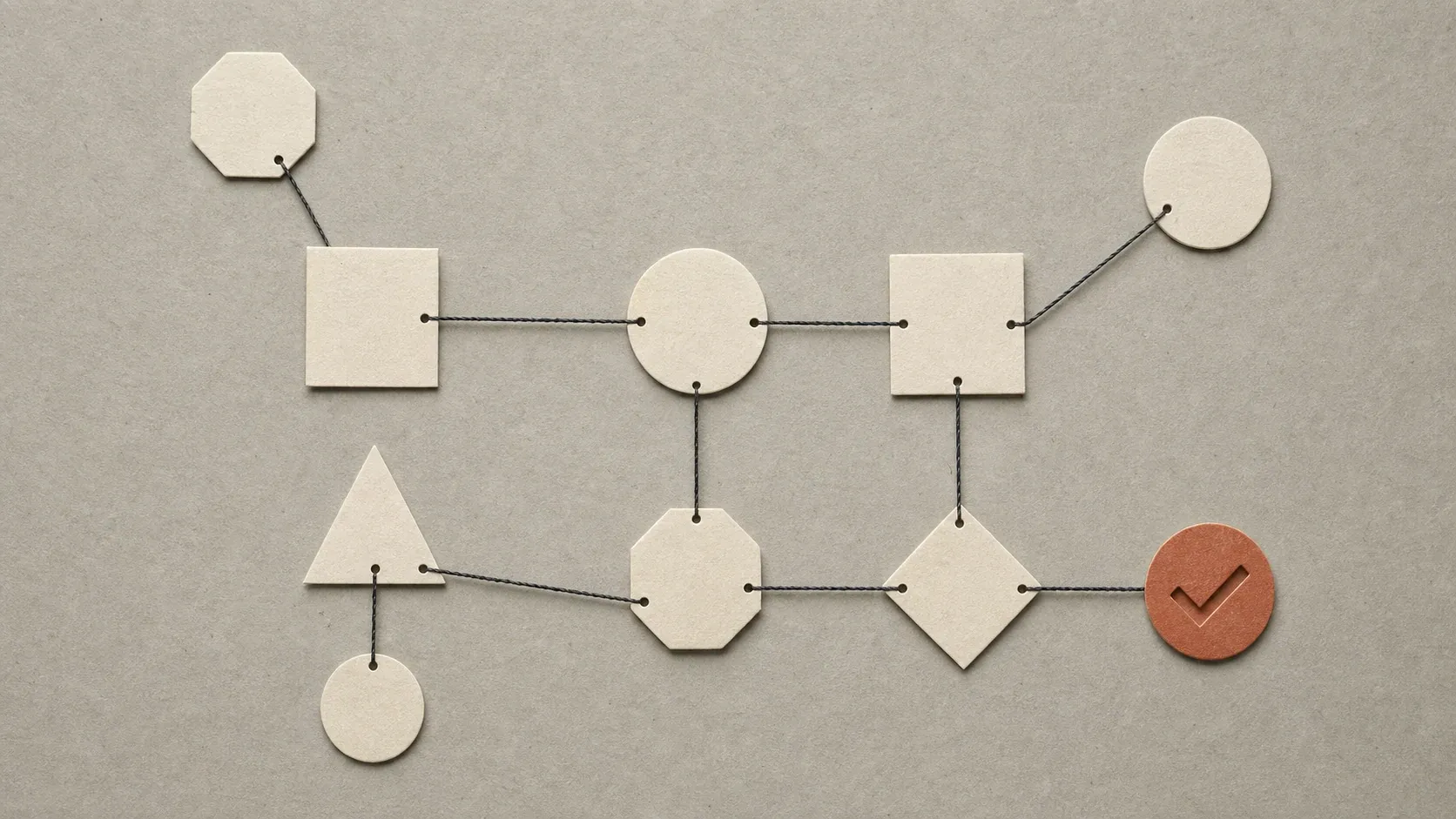 Cream paper shapes joined by dark threads, ending at a terracotta validation marker.