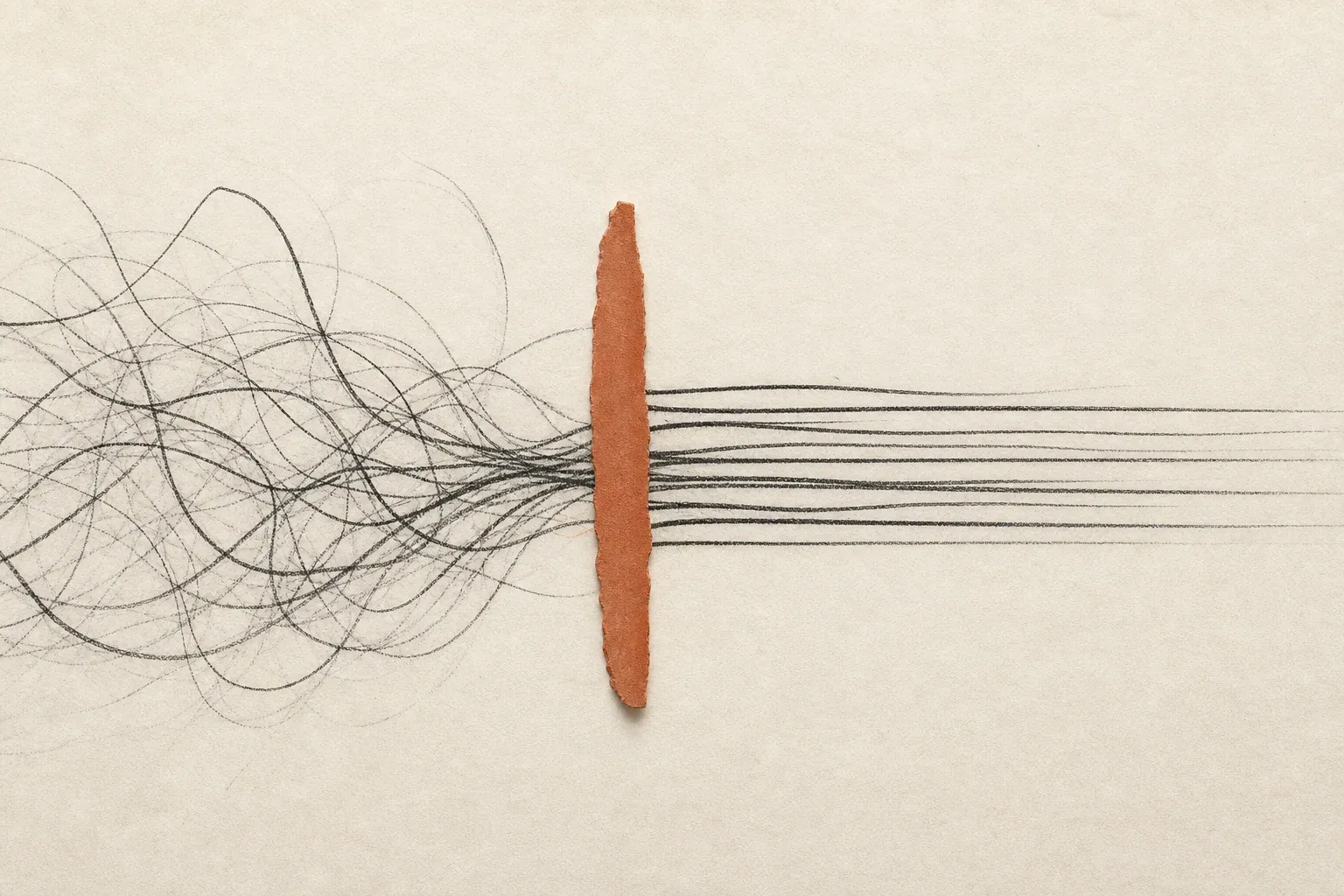 Tangled charcoal lines become orderly after crossing a narrow terracotta boundary on paper.